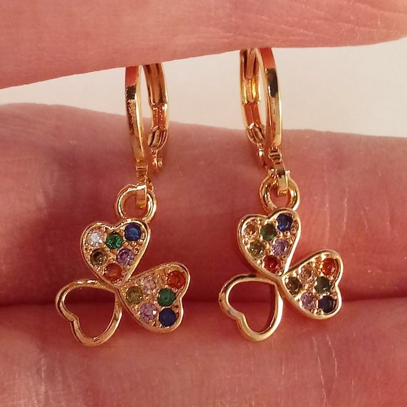18K Yellow Gold Filled Hollow Heart Flower Diamond Topaz Zircon Dangle Earrings - Picture 1 of 4